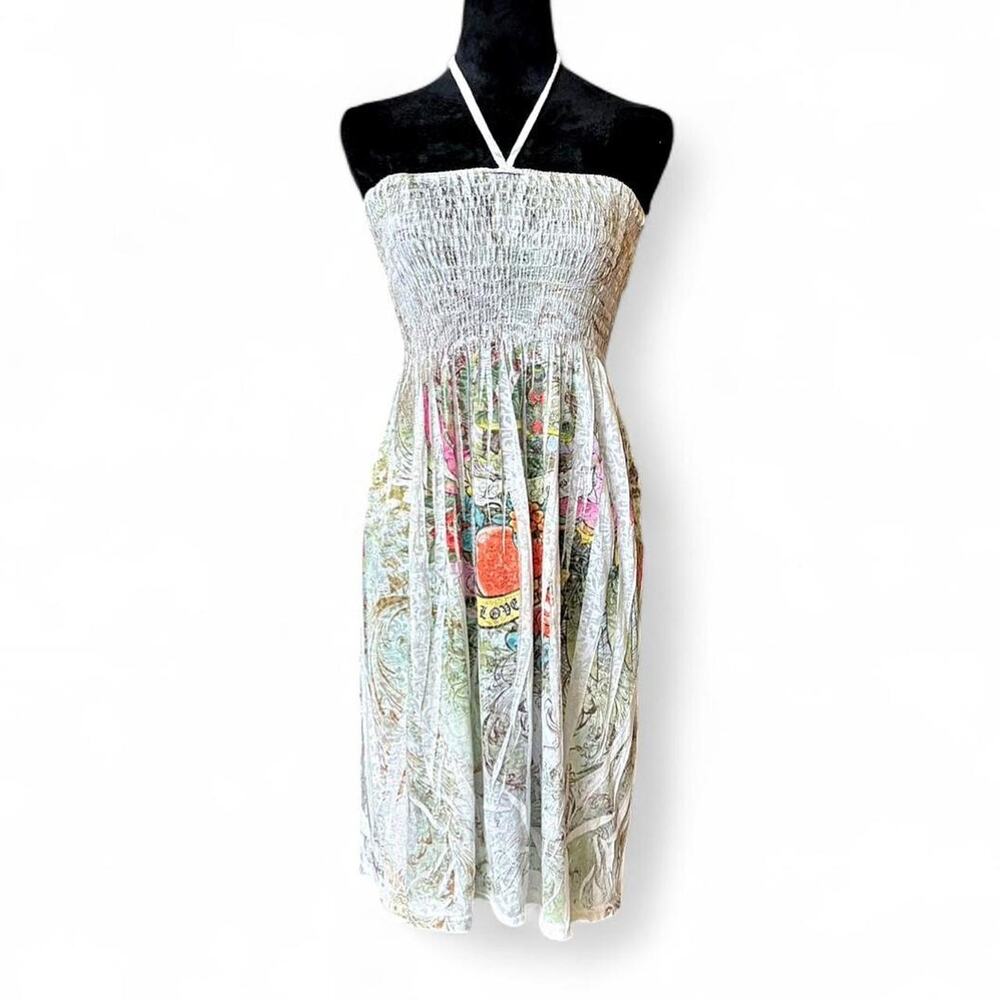 Y2K Smocked Graphic Halter Dress – Tattoo Print Convertible M/L